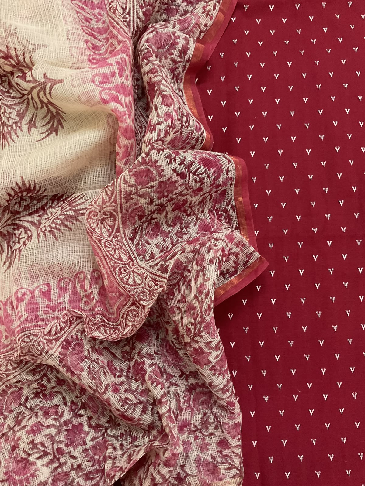 Pure Handloom Cotton Self Weaved Printed Suit - Maroon