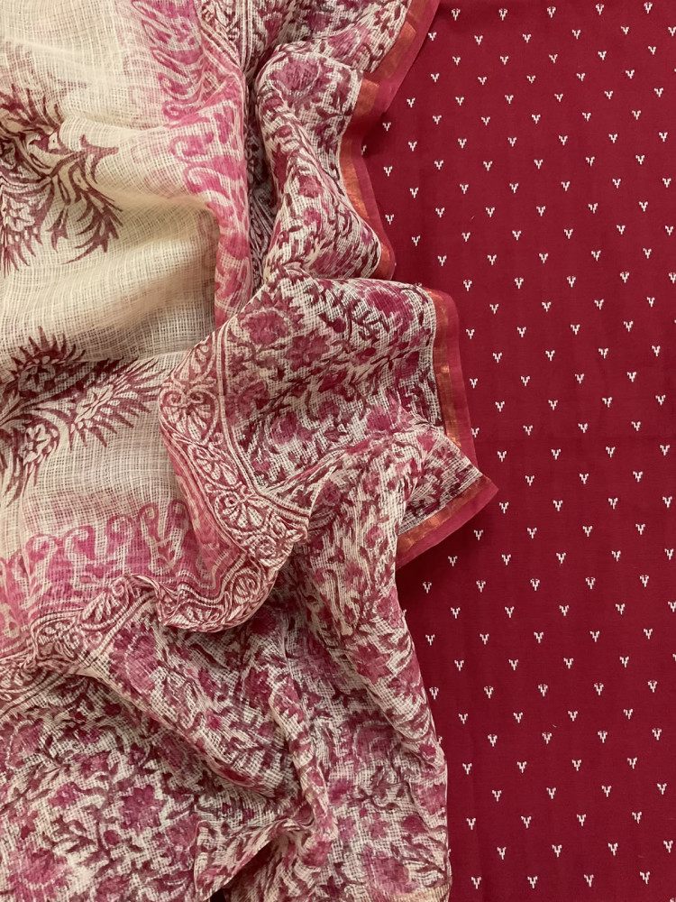 Image of Pure Handloom Cotton Self Weaved Printed Suit - Maroon