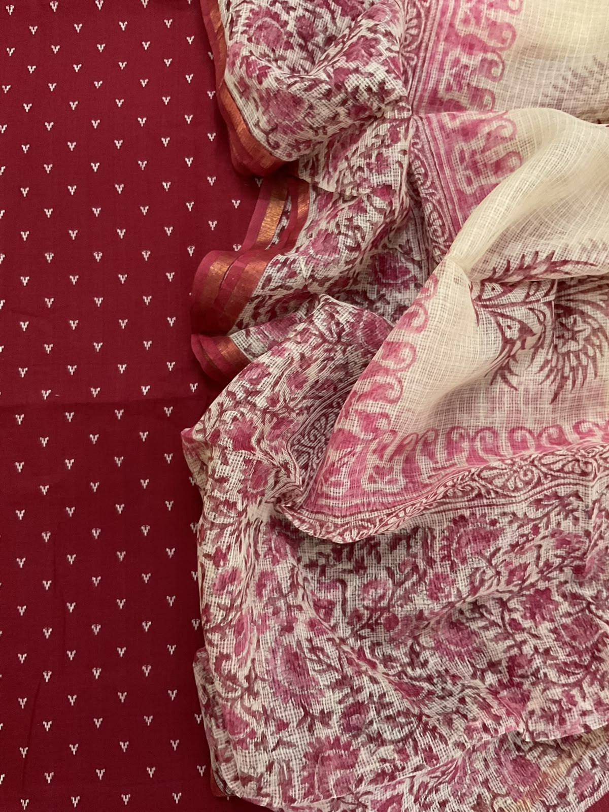 Pure Handloom Cotton Self Weaved Printed Suit - Maroon