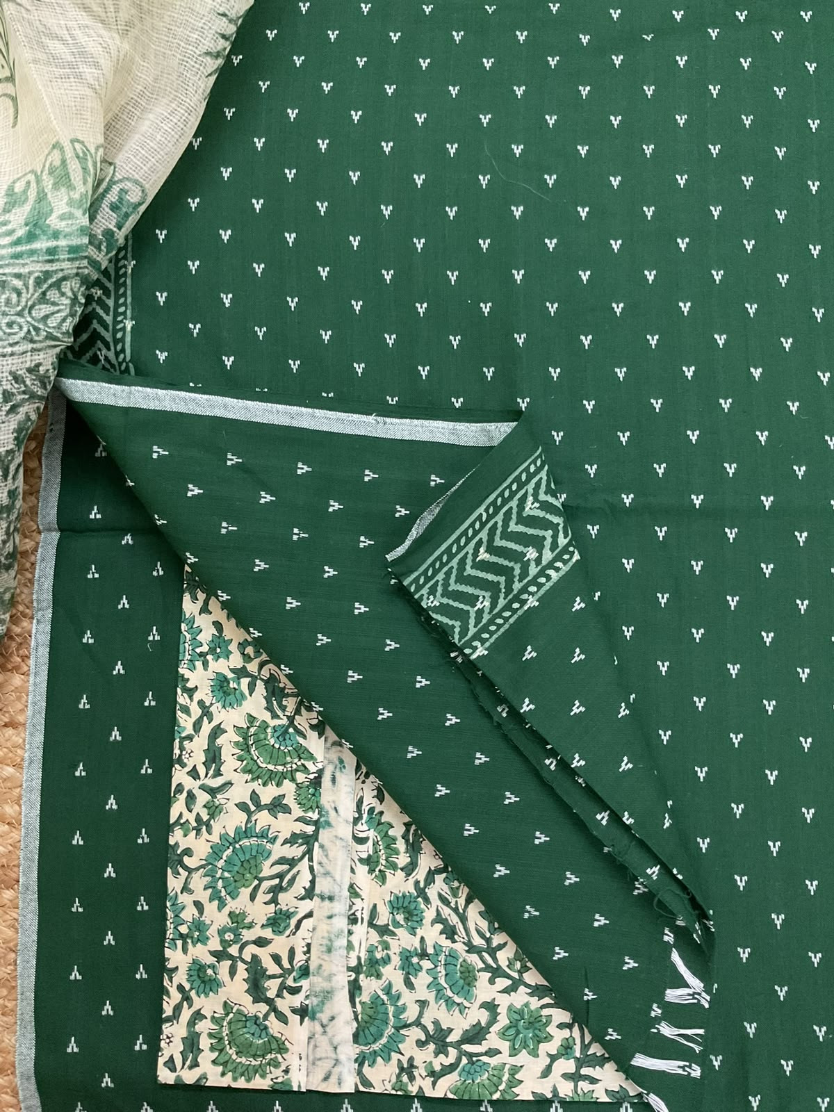 Pure Handloom Cotton Self Weaved Printed Suit - Green