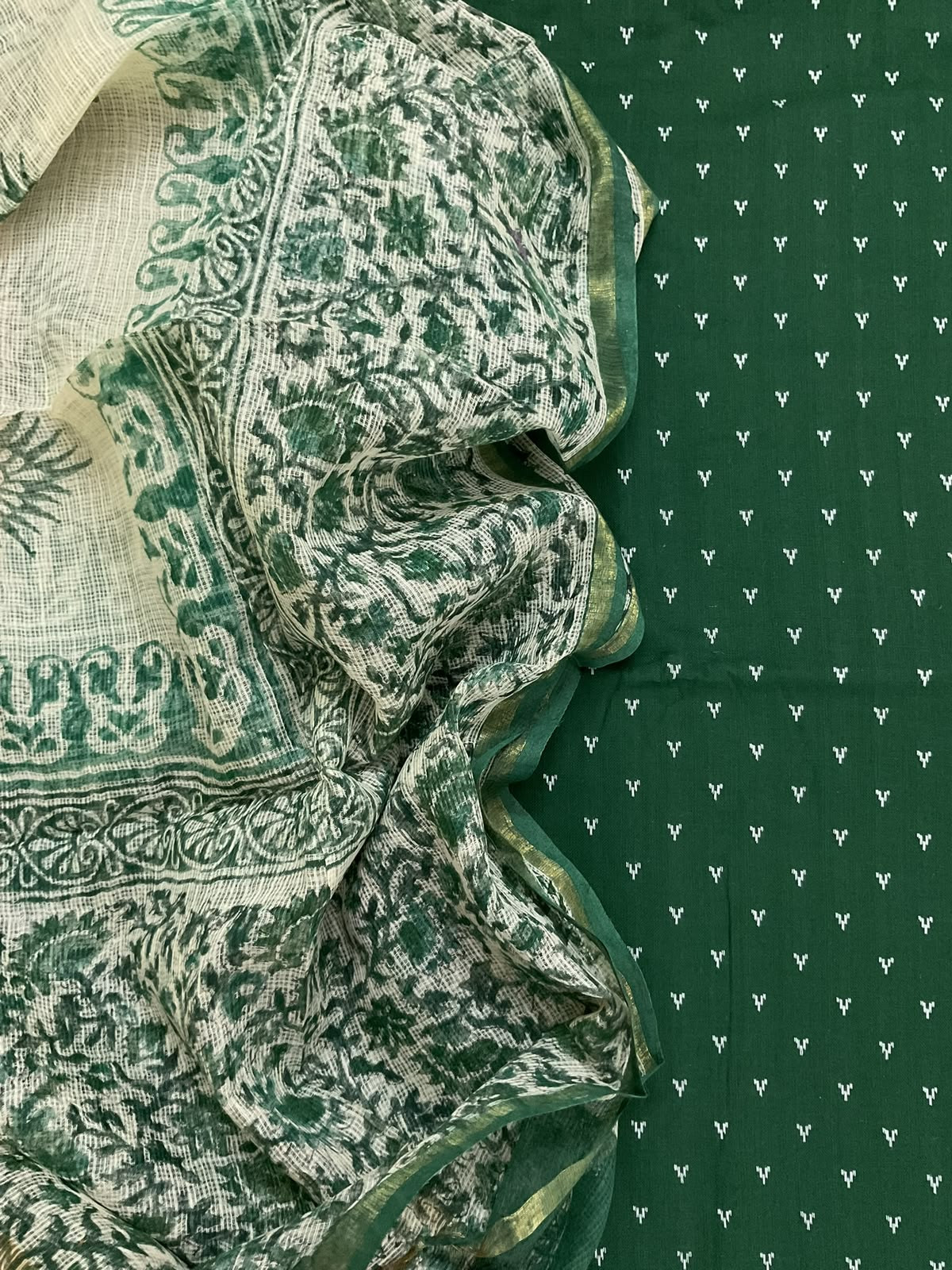 Pure Handloom Cotton Self Weaved Printed Suit - Green