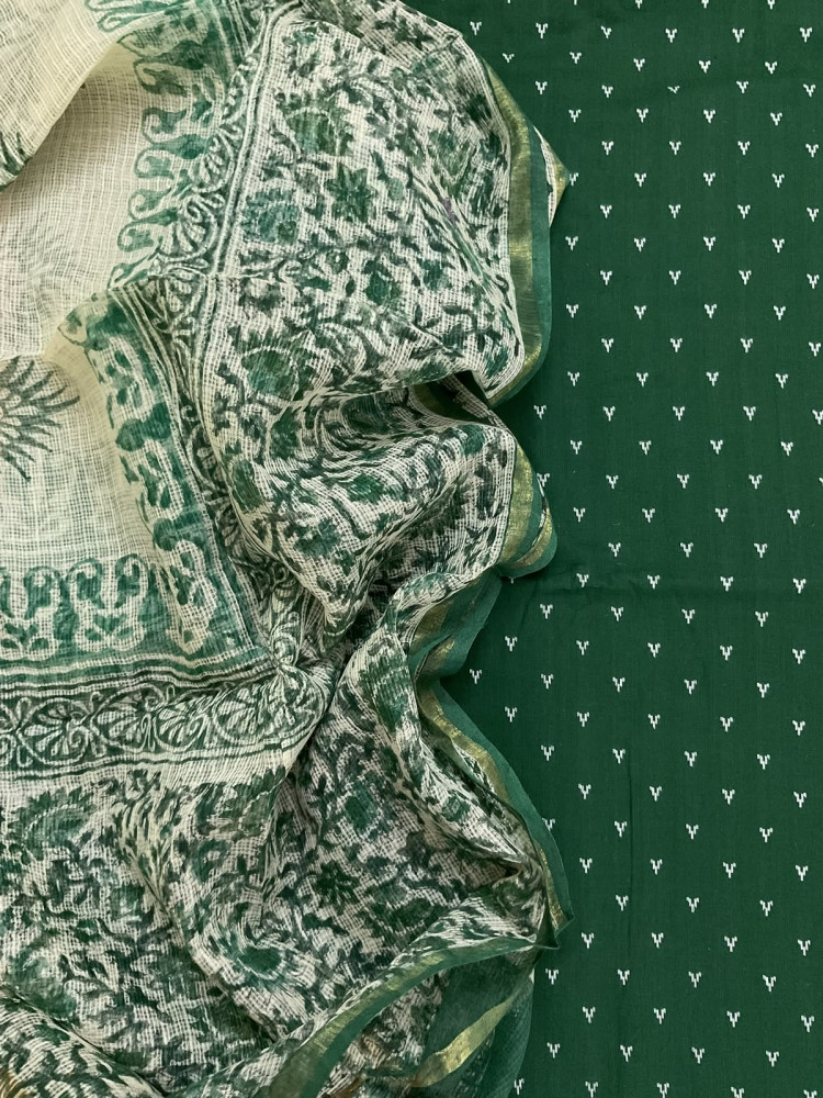 Image of Pure Handloom Cotton Self Weaved Printed Suit - Green