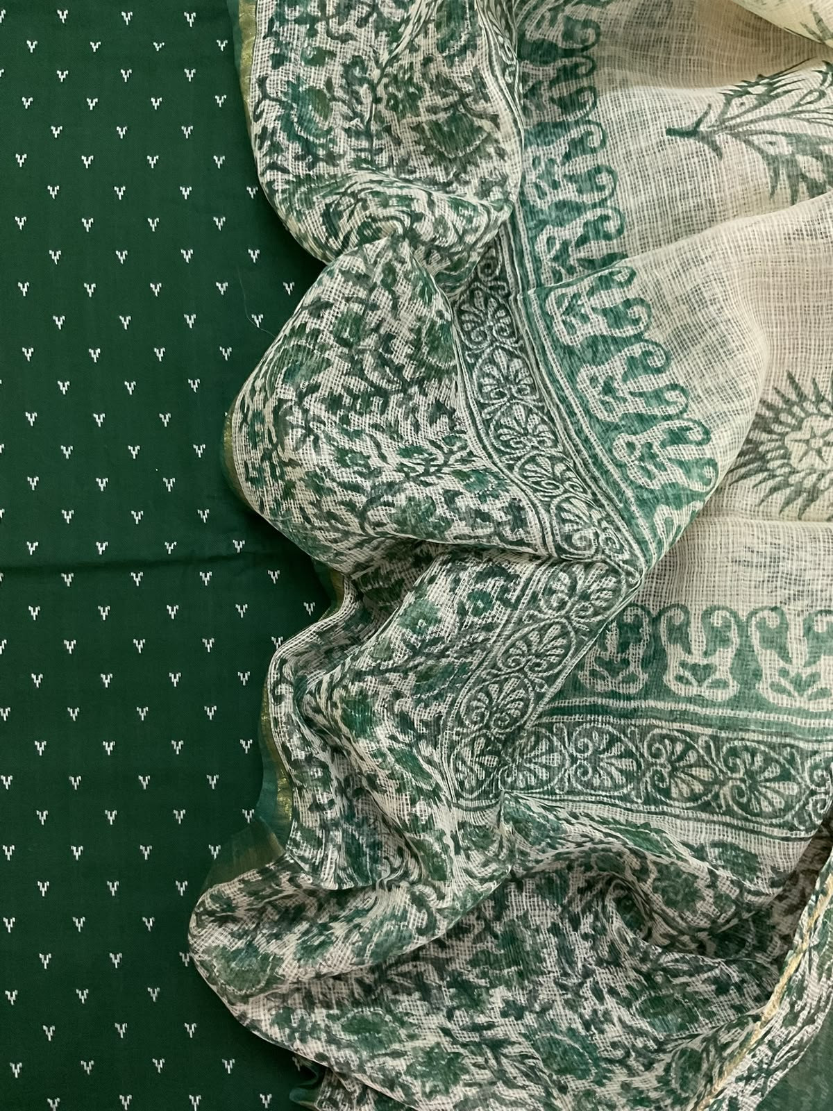 Pure Handloom Cotton Self Weaved Printed Suit - Green