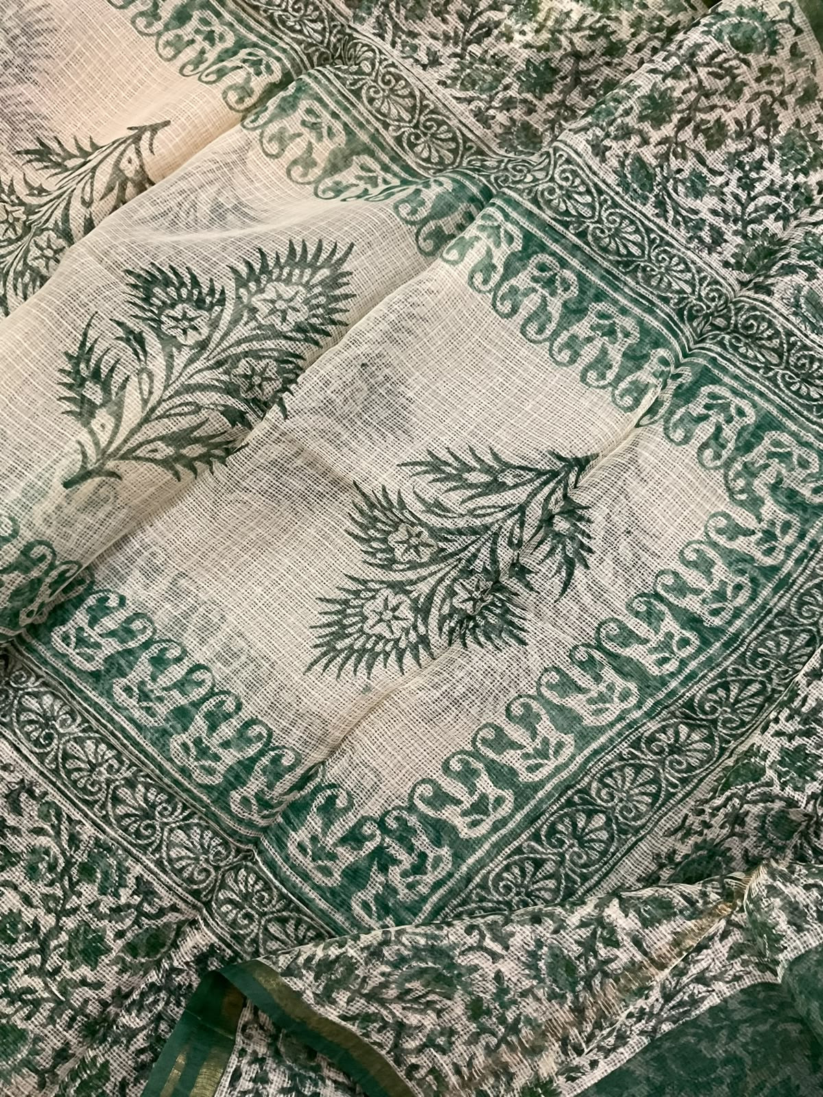 Pure Handloom Cotton Self Weaved Printed Suit - Green