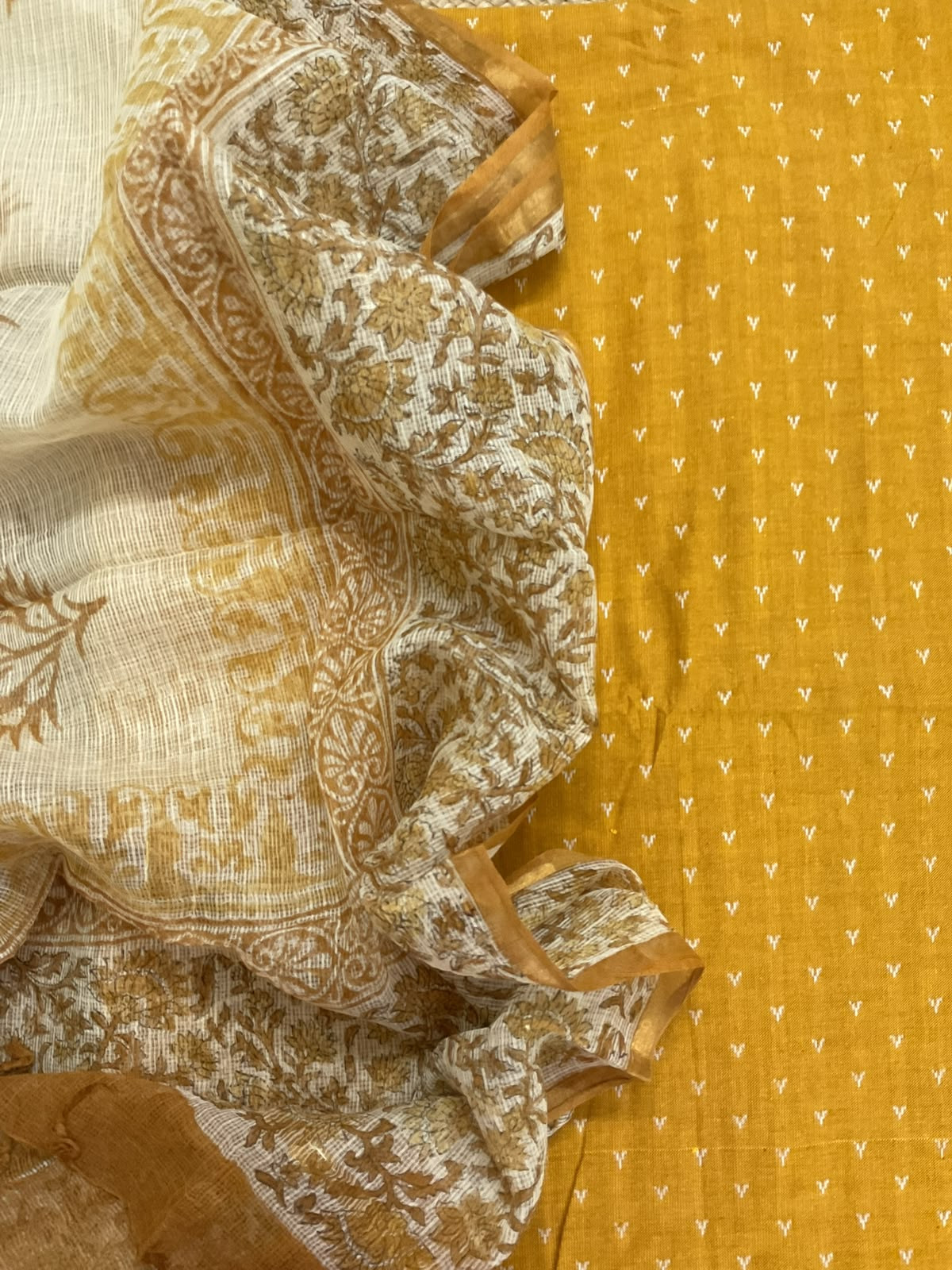 Pure Handloom Cotton Self Weaved Printed Suit - Yellow