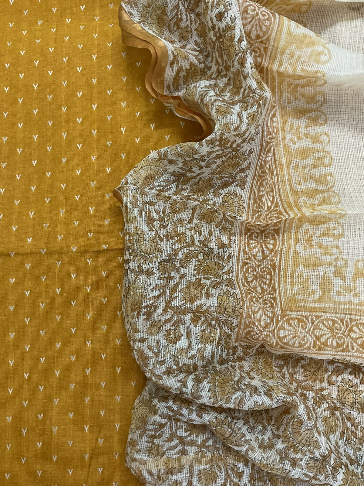 Pure Handloom Cotton Self Weaved Printed Suit - Yellow