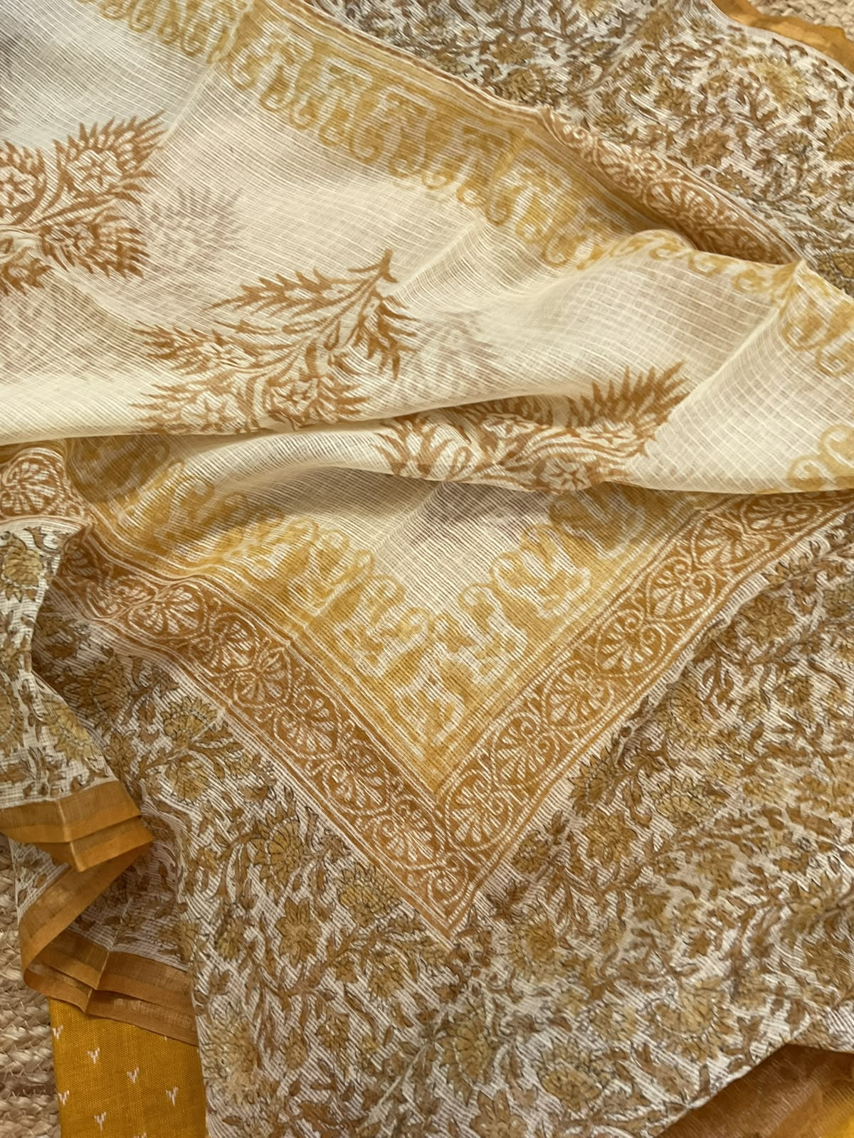 Pure Handloom Cotton Self Weaved Printed Suit - Yellow