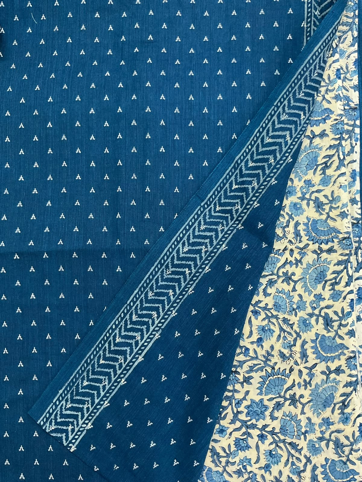 Pure Handloom Cotton Self Weaved Printed Suit - Blue