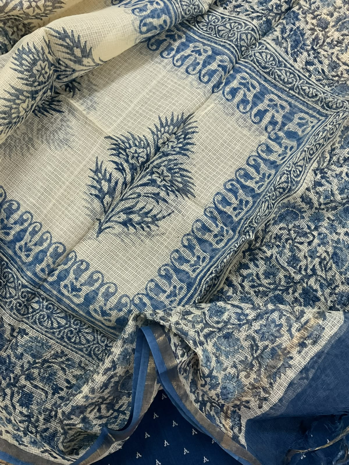 Pure Handloom Cotton Self Weaved Printed Suit - Blue