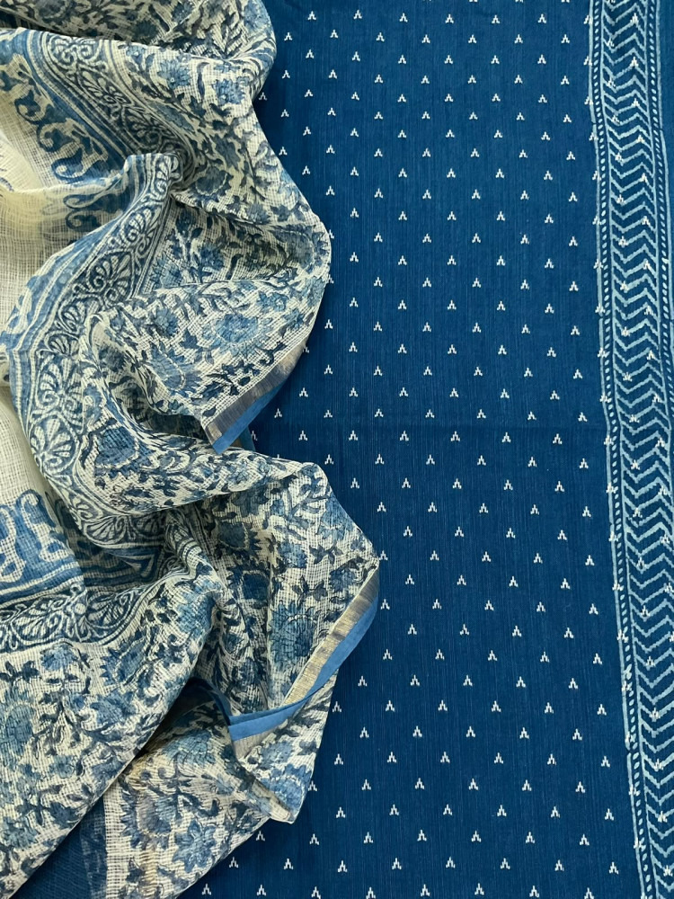 Image of Pure Handloom Cotton Self Weaved Printed Suit - Blue