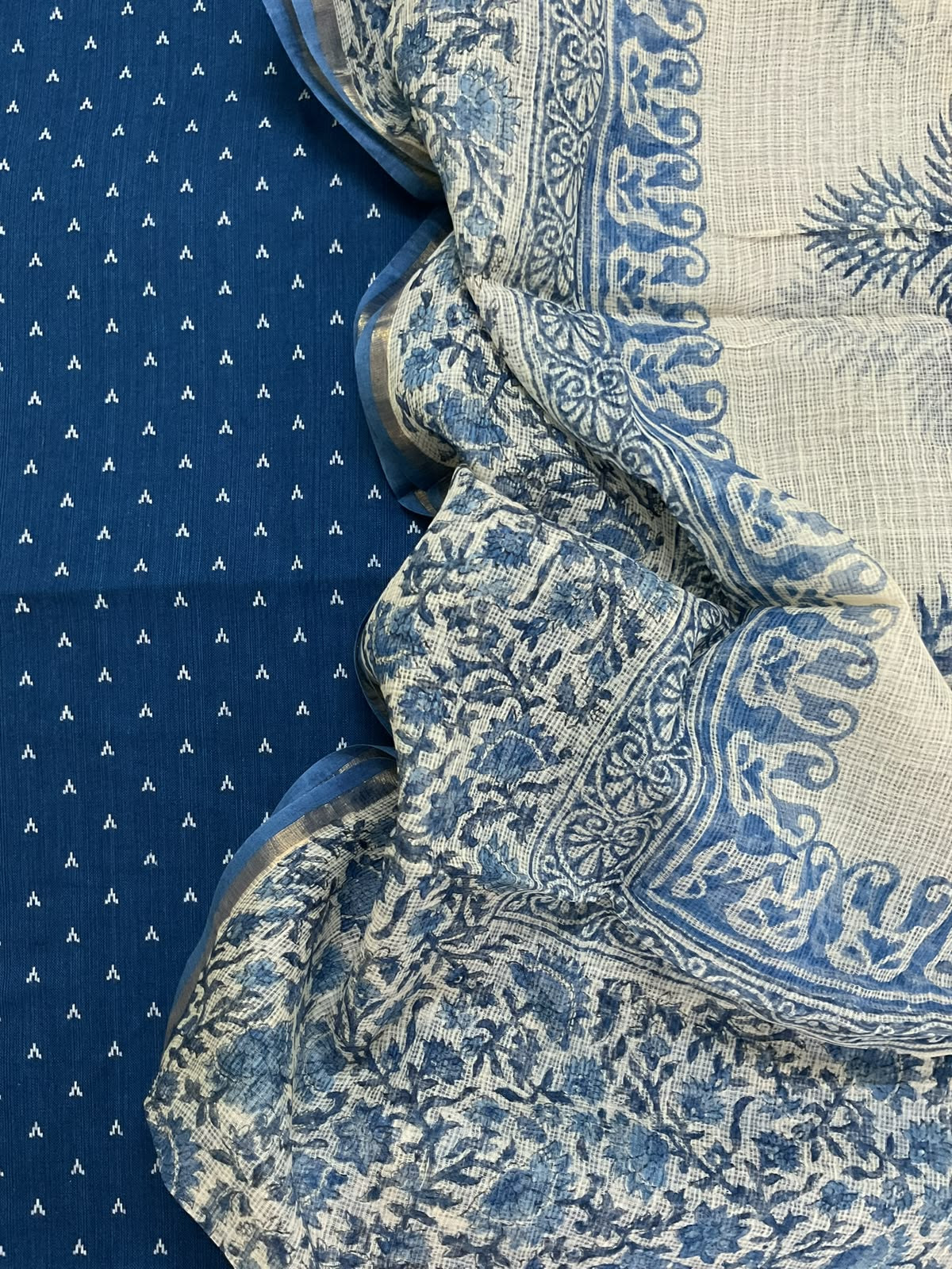 Pure Handloom Cotton Self Weaved Printed Suit - Blue
