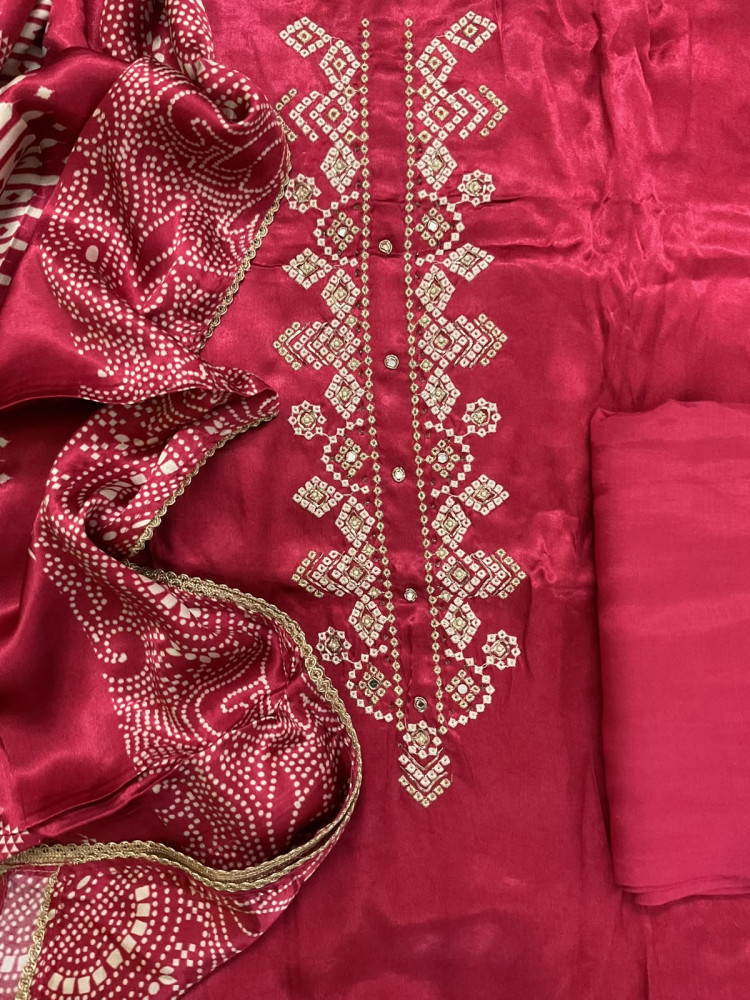 Image of Soft Gajji Silk Printed Embroidered Suit - Maroon