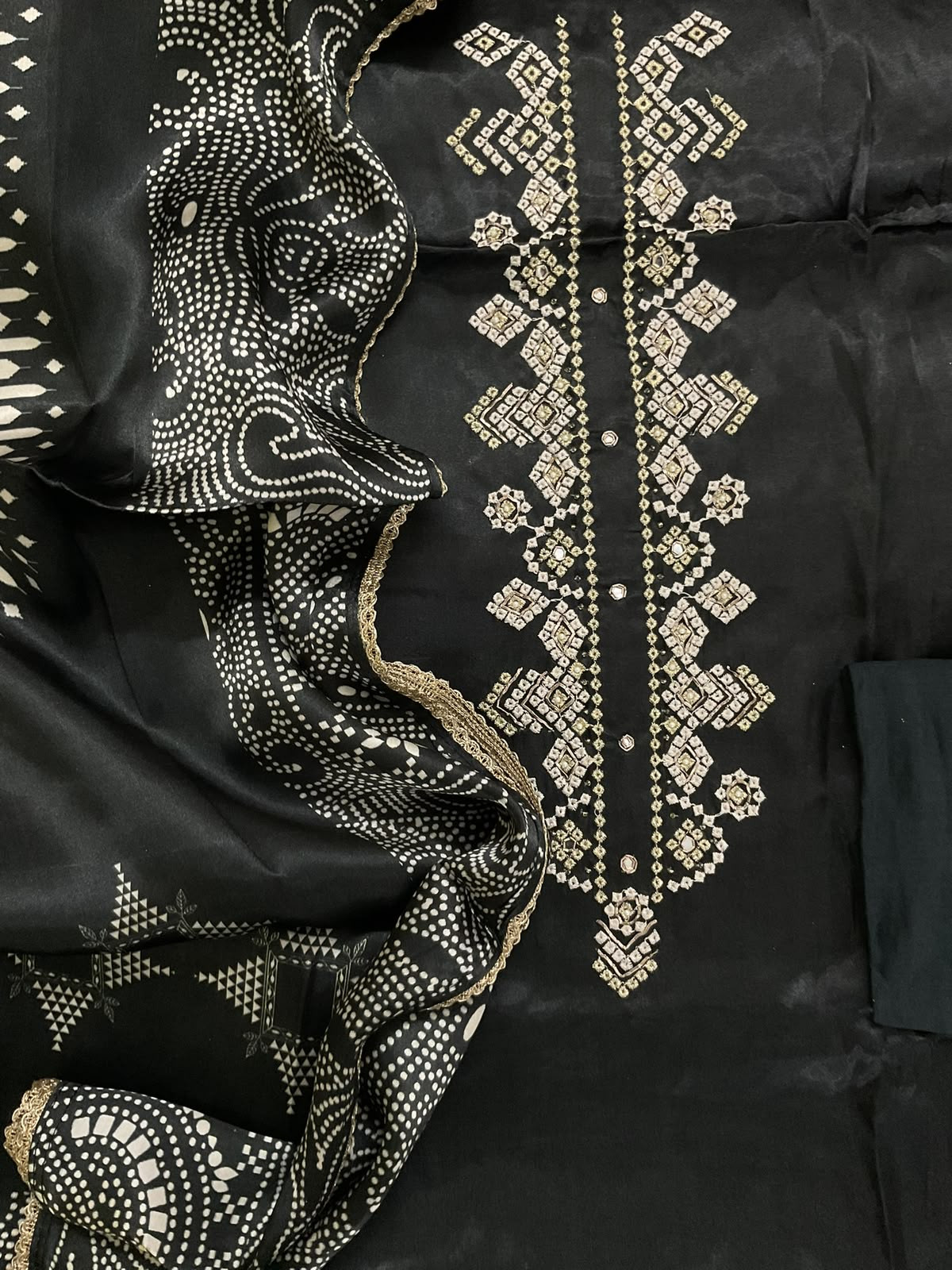 Soft Gajji Silk Printed Embroidered Suit - Black