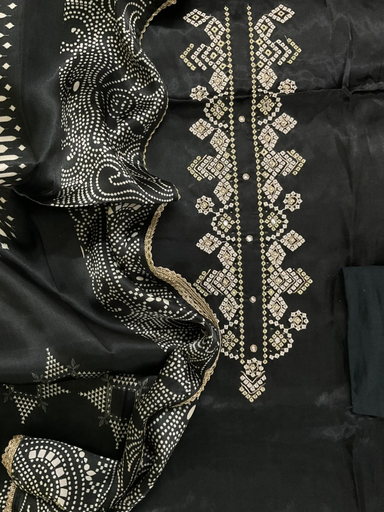 Image of Soft Gajji Silk Printed Embroidered Suit - Black