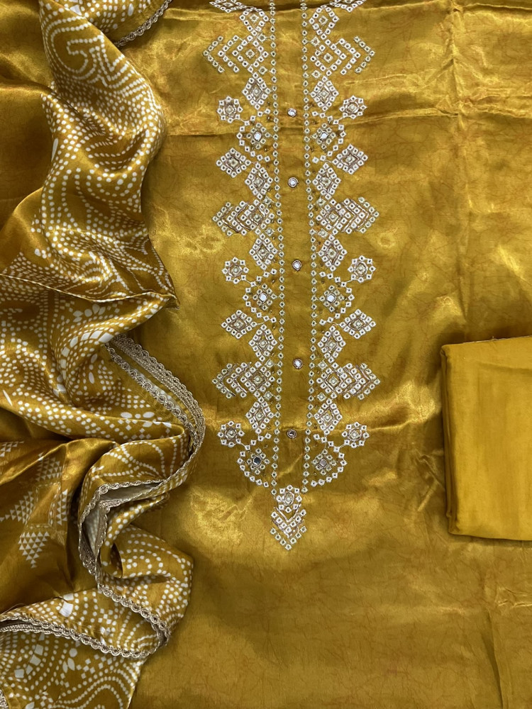 Image of Soft Gajji Silk Printed Embroidered Suit - Mustard