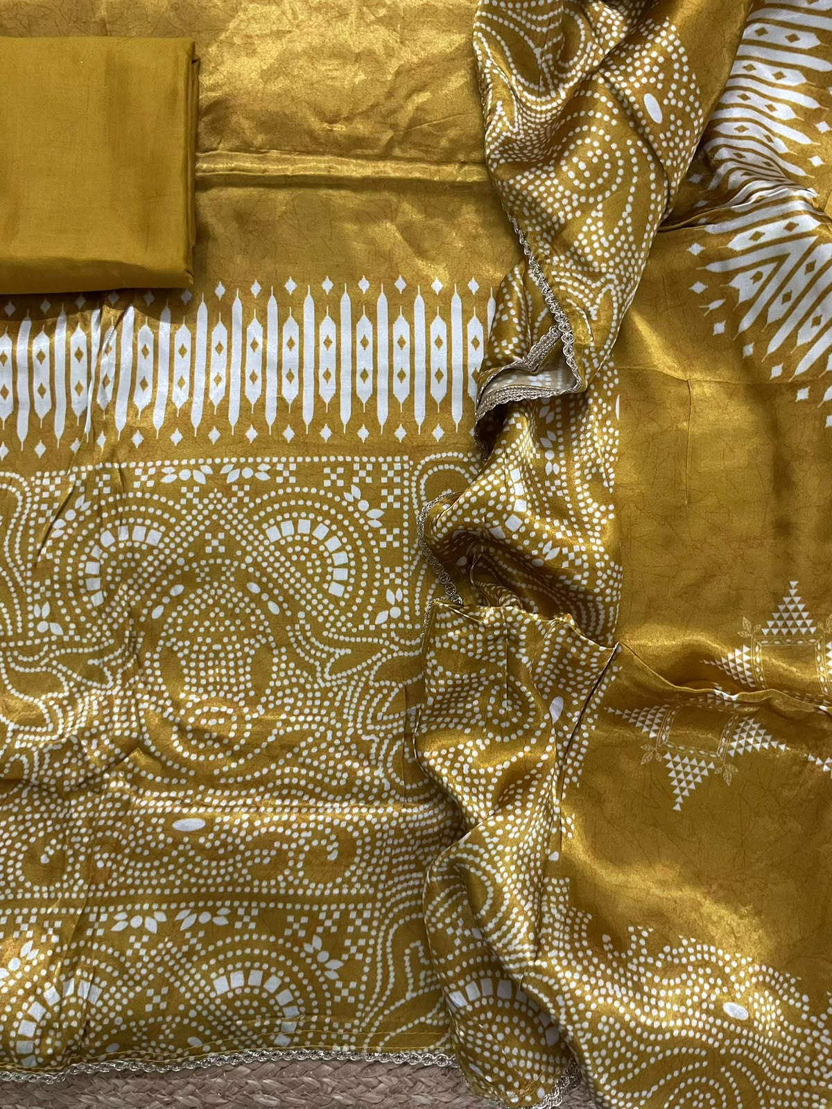 Soft Gajji Silk Printed Embroidered Suit - Mustard