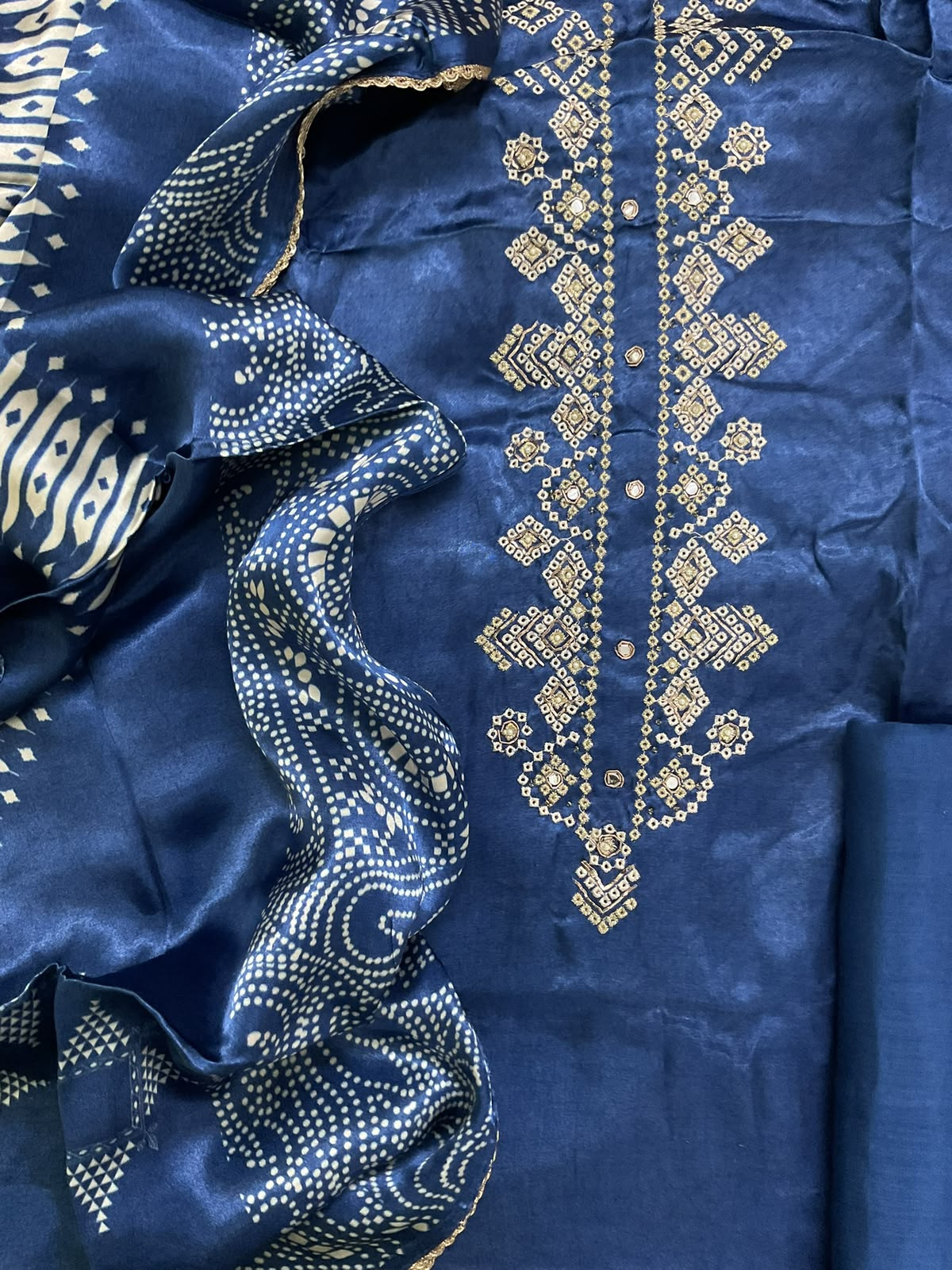 Soft Gajji Silk Printed Embroidered Suit - Blue
