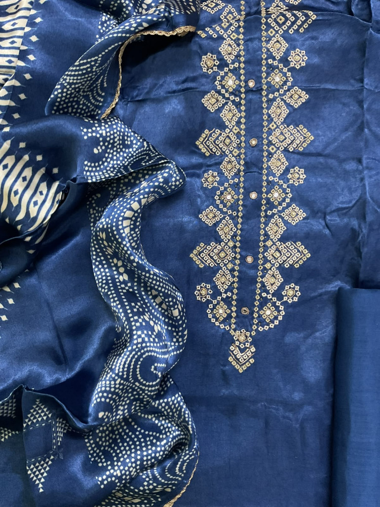 Image of Soft Gajji Silk Printed Embroidered Suit - Blue