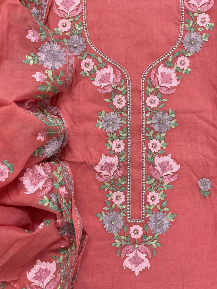 Image of Soft Chanderi Embroidered Suit - Peach