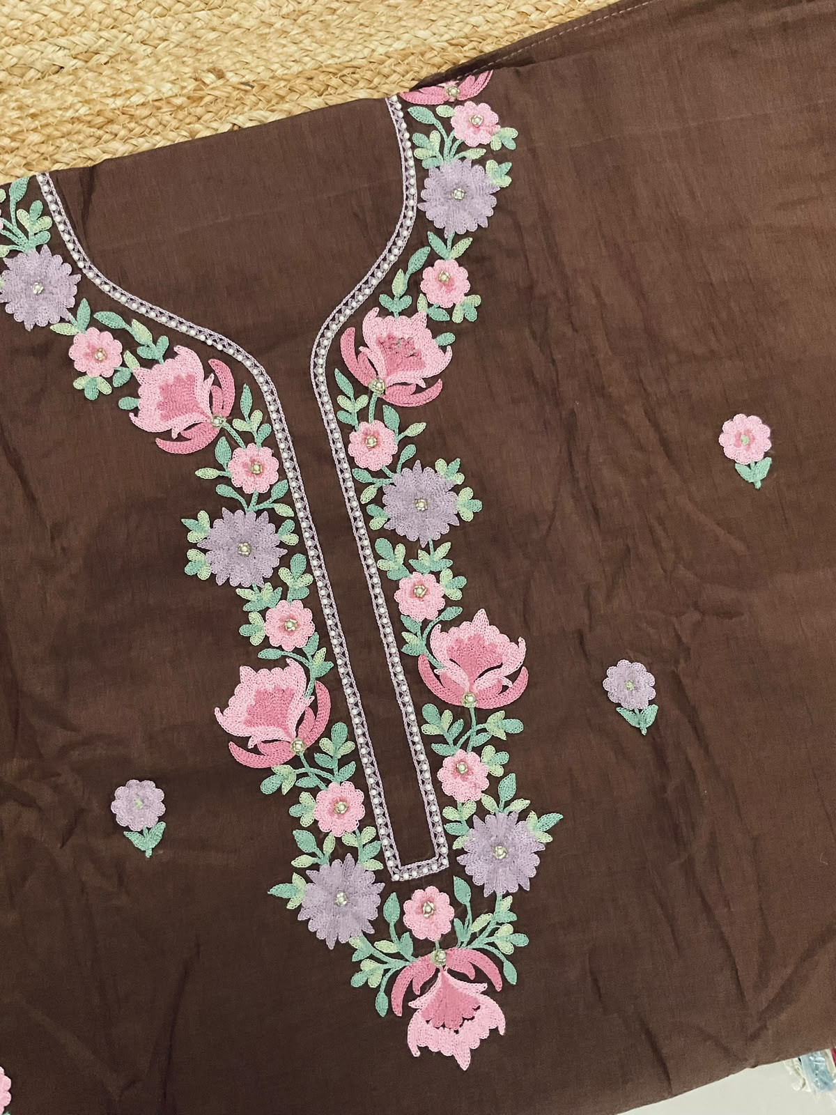 Soft Chanderi Embroidered Suit - Brown
