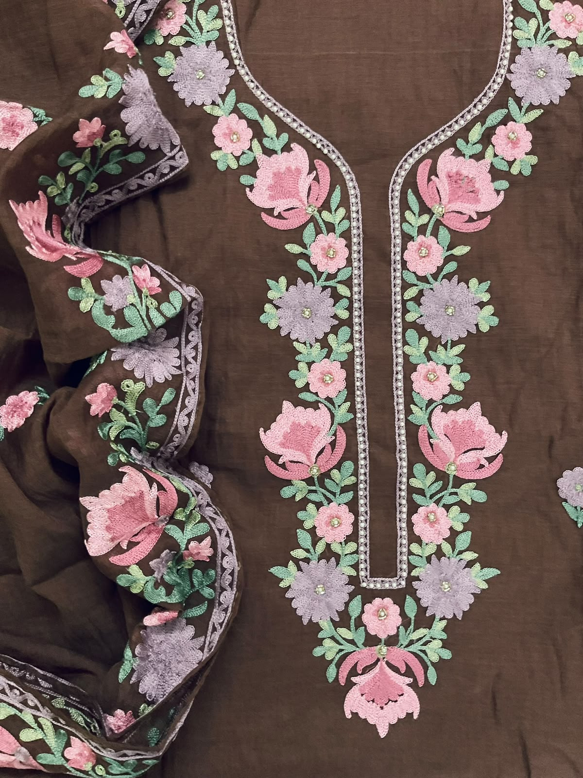 Soft Chanderi Embroidered Suit - Brown