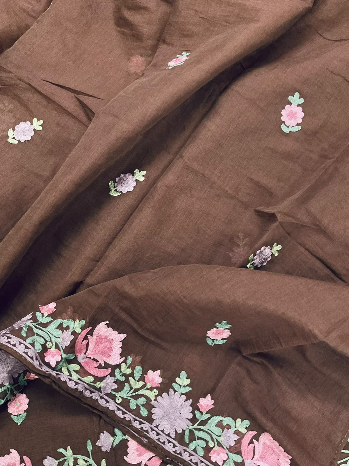 Soft Chanderi Embroidered Suit - Brown