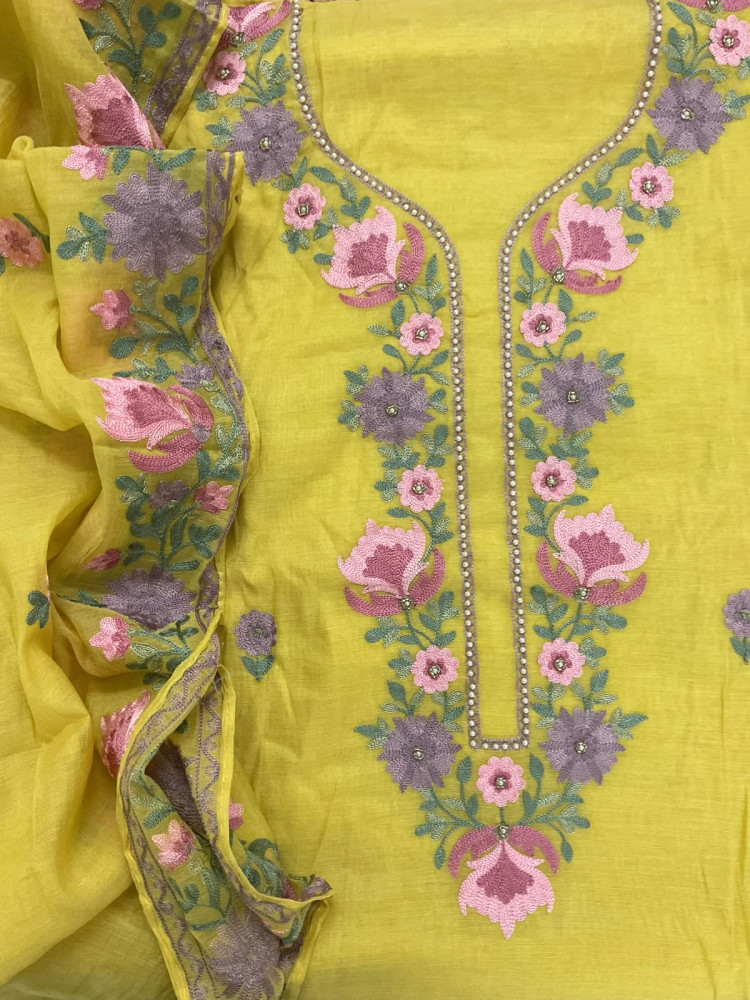 Image of Soft Chanderi Embroidered Suit - Yellow