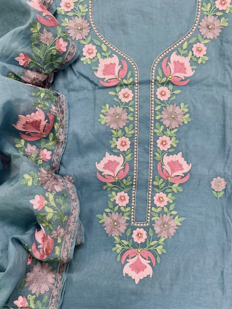 Image of Soft Chanderi Embroidered Suit - Blue