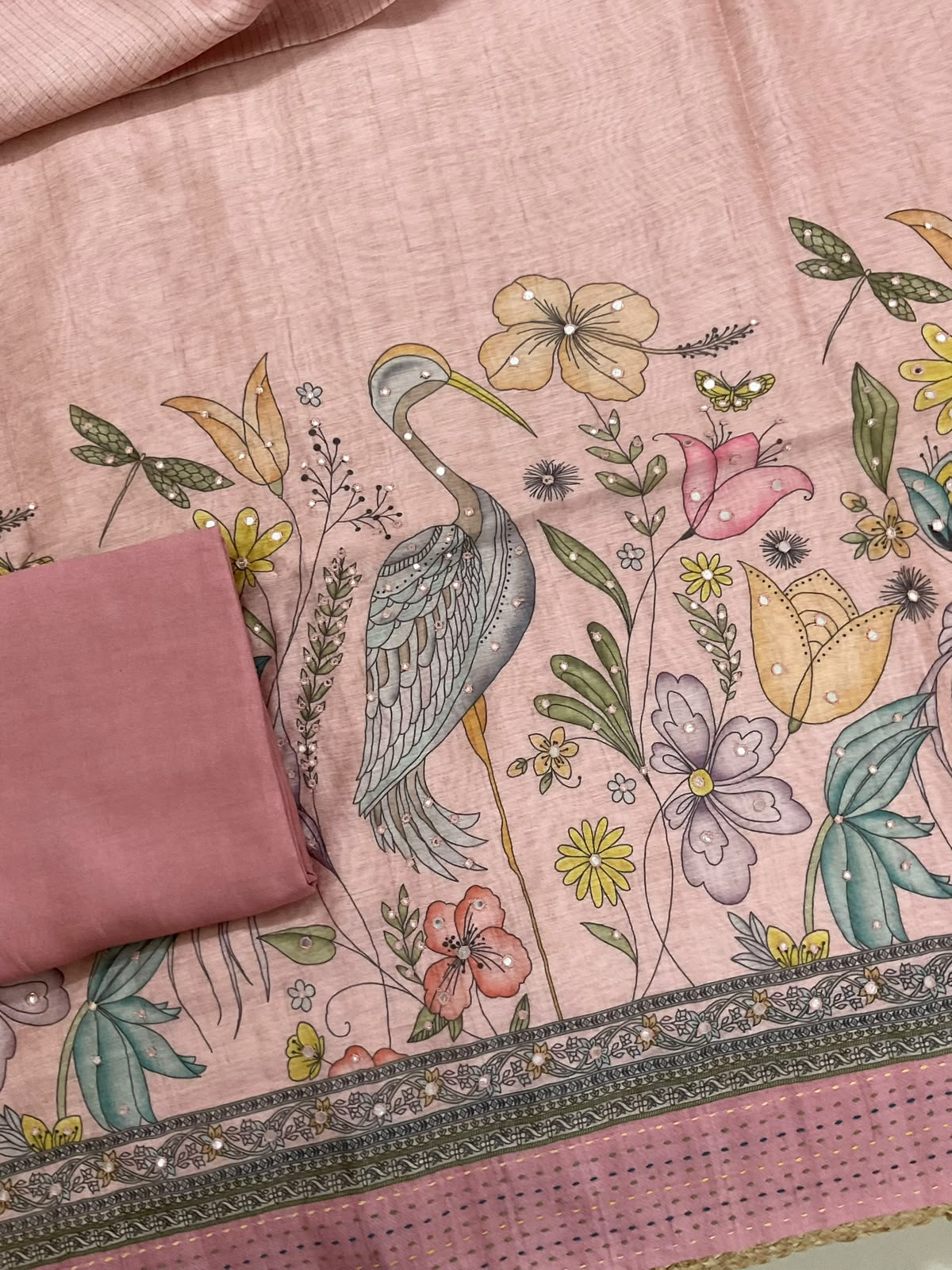 Soft Kora Chanderi Printed Embroidered Suit - Pink