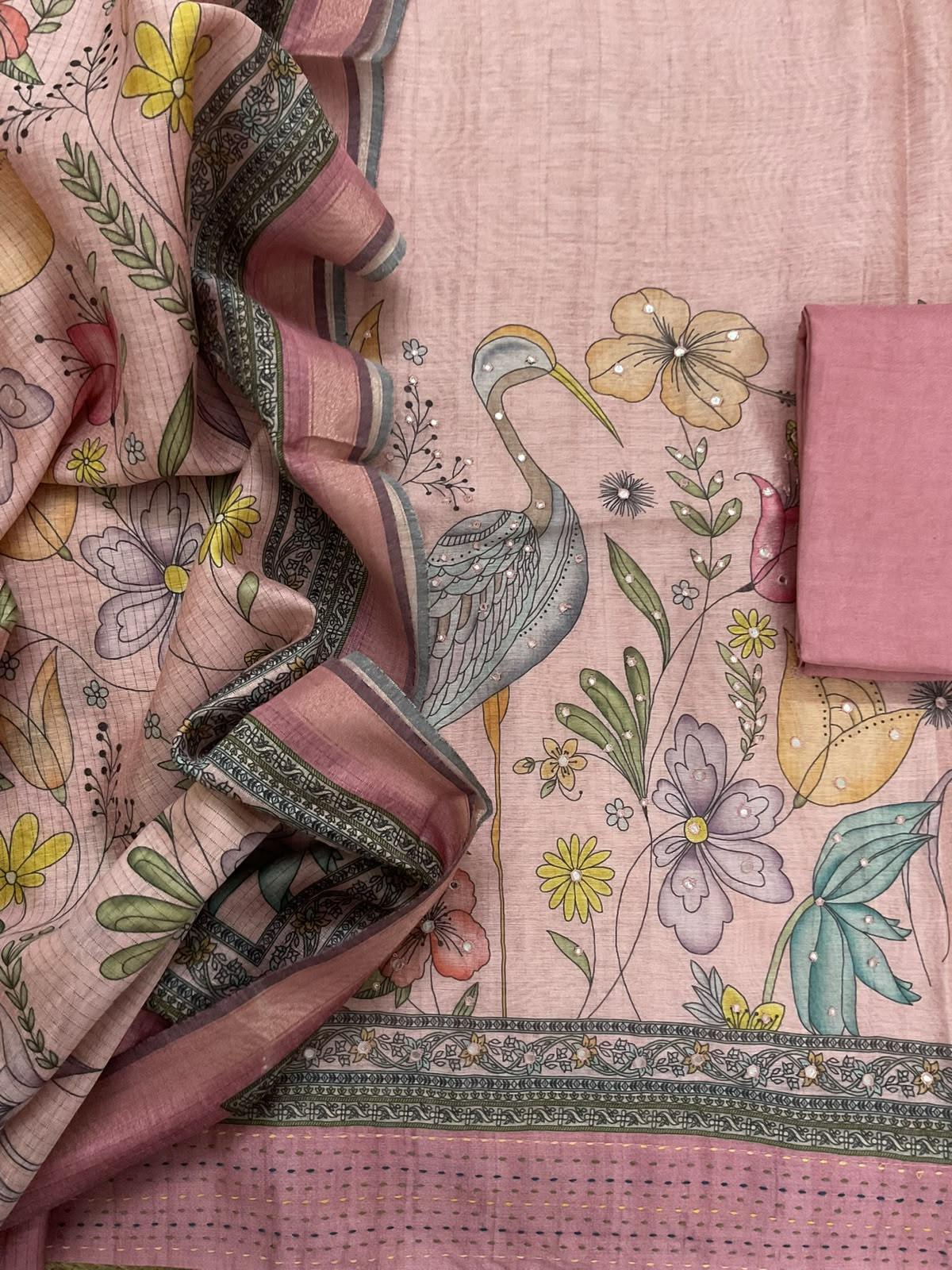 Soft Kora Chanderi Printed Embroidered Suit - Pink