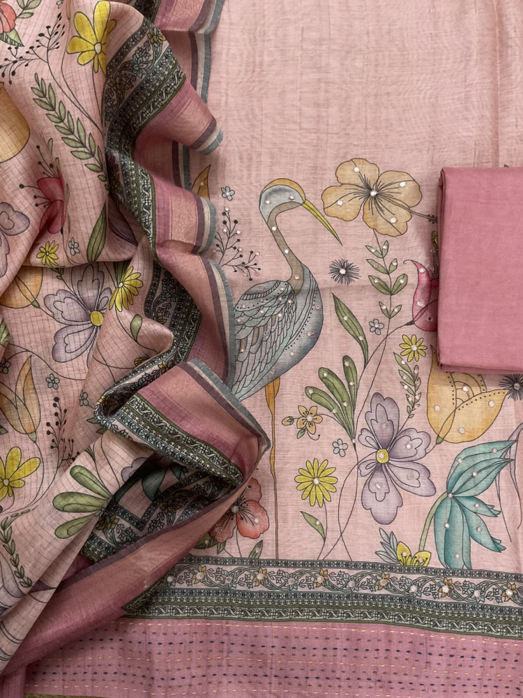 Image of Soft Kora Chanderi Printed Embroidered Suit - Pink