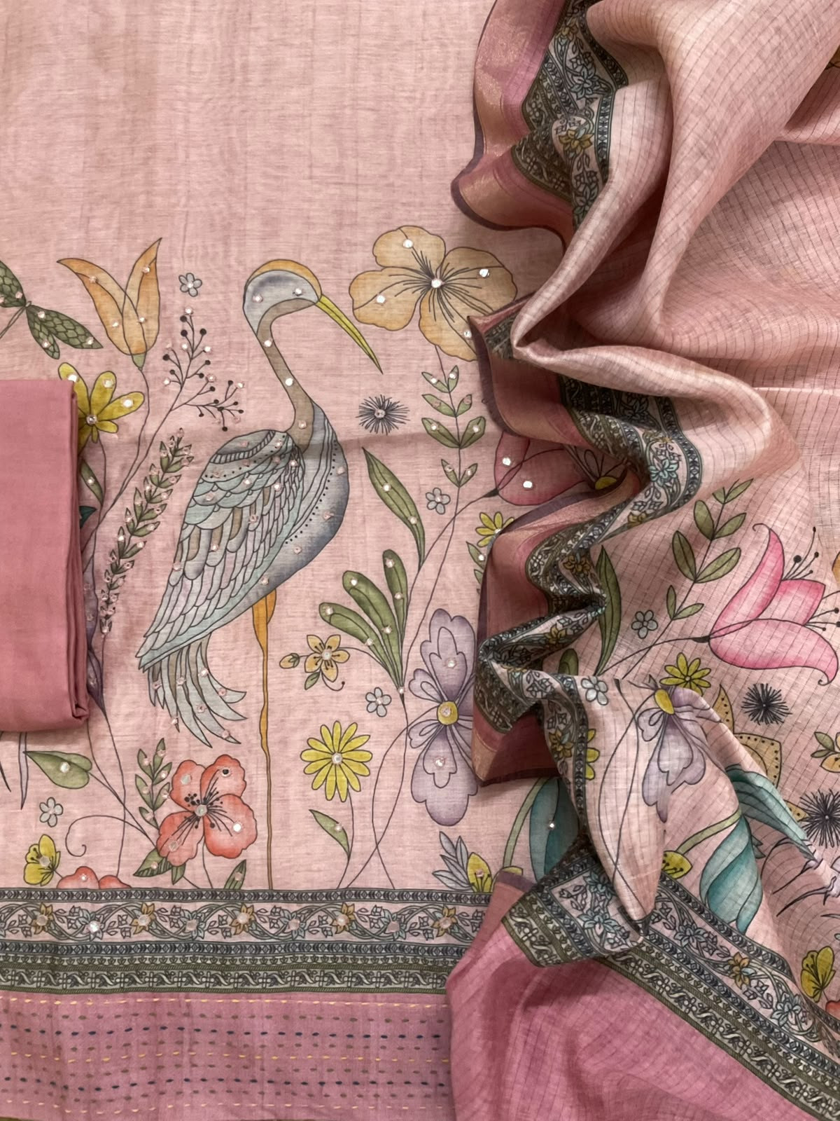 Soft Kora Chanderi Printed Embroidered Suit - Pink