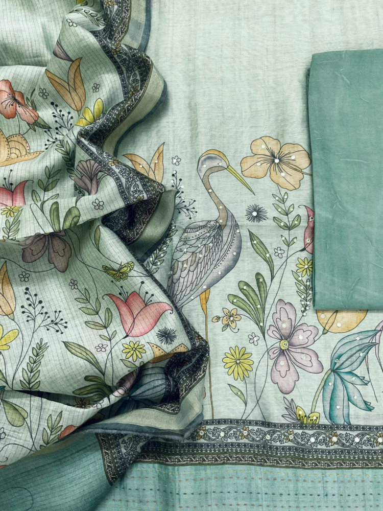 Image of Soft Kora Chanderi Printed Embroidered Suit - Sea Green