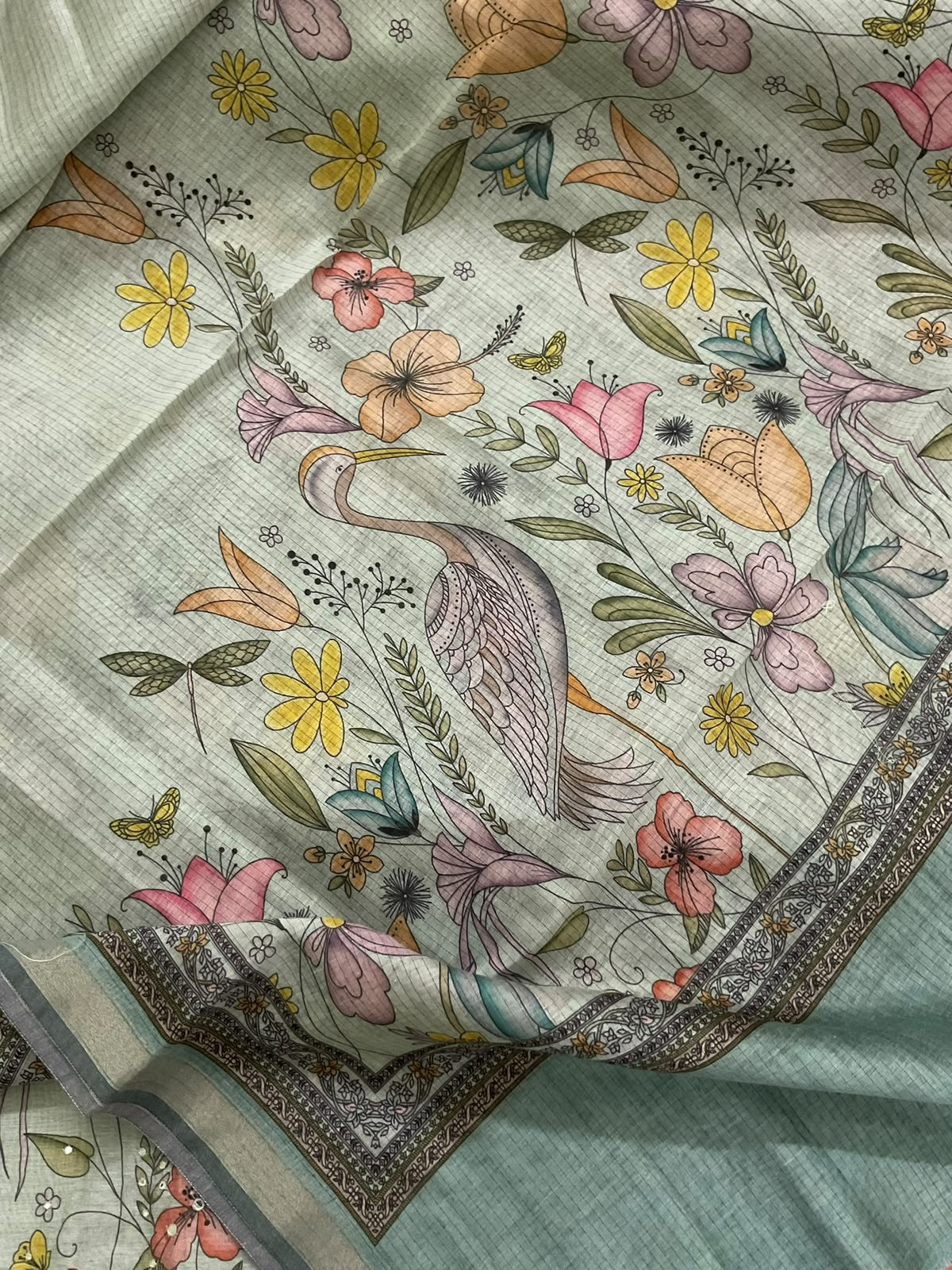 Soft Kora Chanderi Printed Embroidered Suit - Sea Green