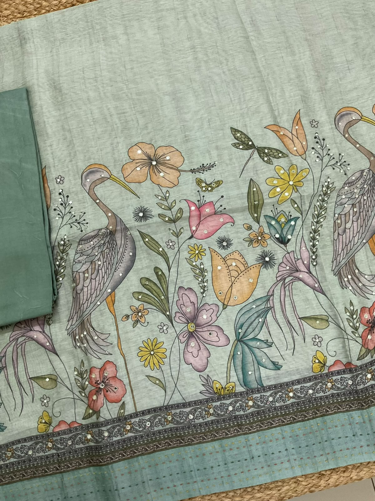 Soft Kora Chanderi Printed Embroidered Suit - Sea Green