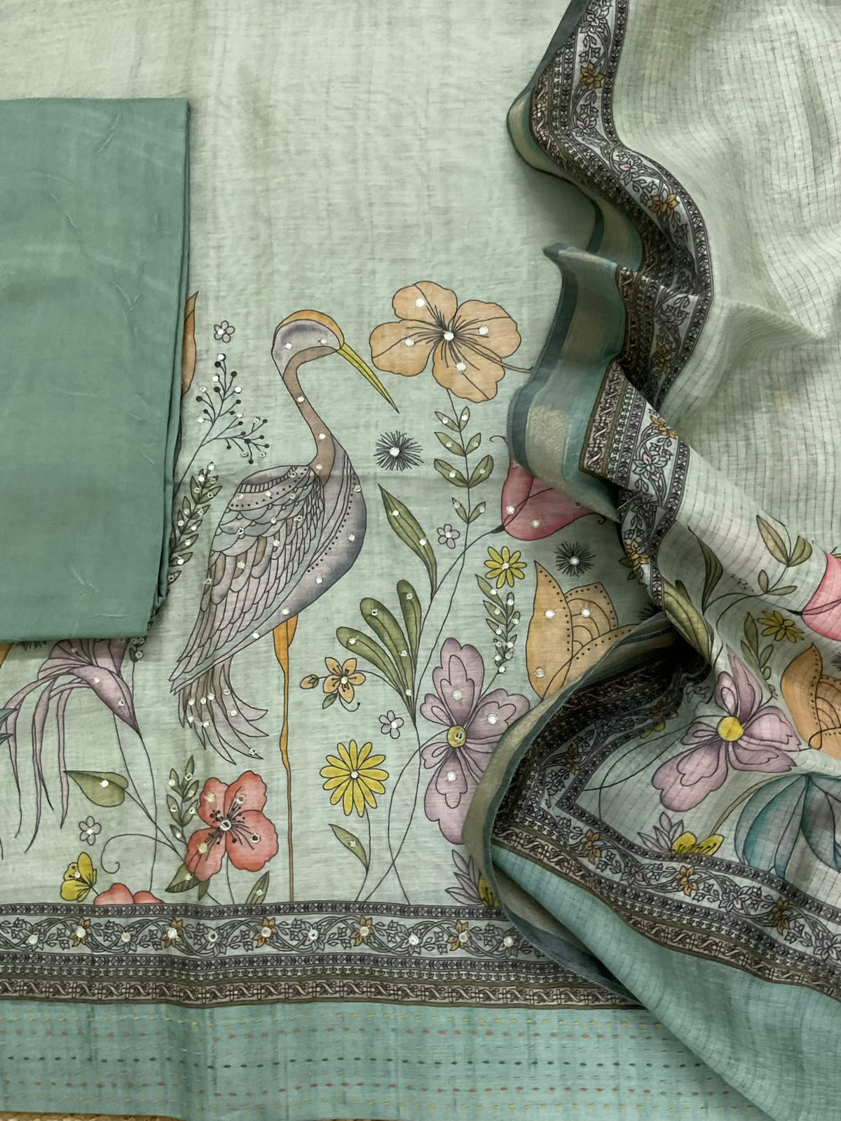 Soft Kora Chanderi Printed Embroidered Suit - Sea Green