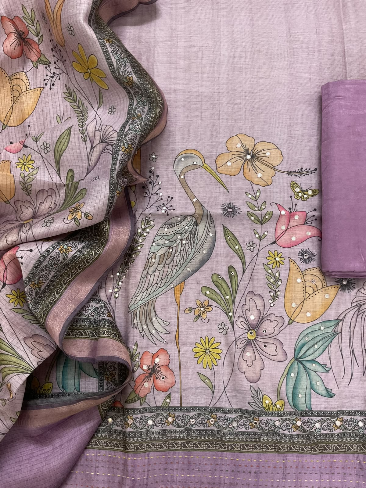 Soft Kora Chanderi Printed Embroidered Suit - Purple