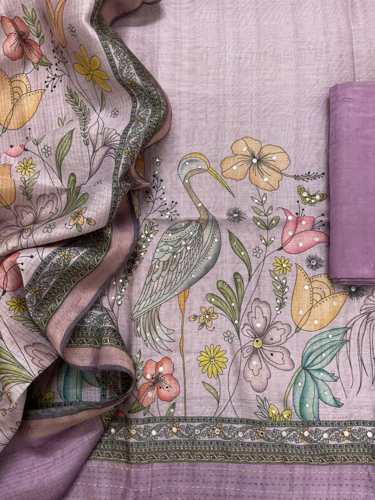 Image of Soft Kora Chanderi Printed Embroidered Suit - Purple