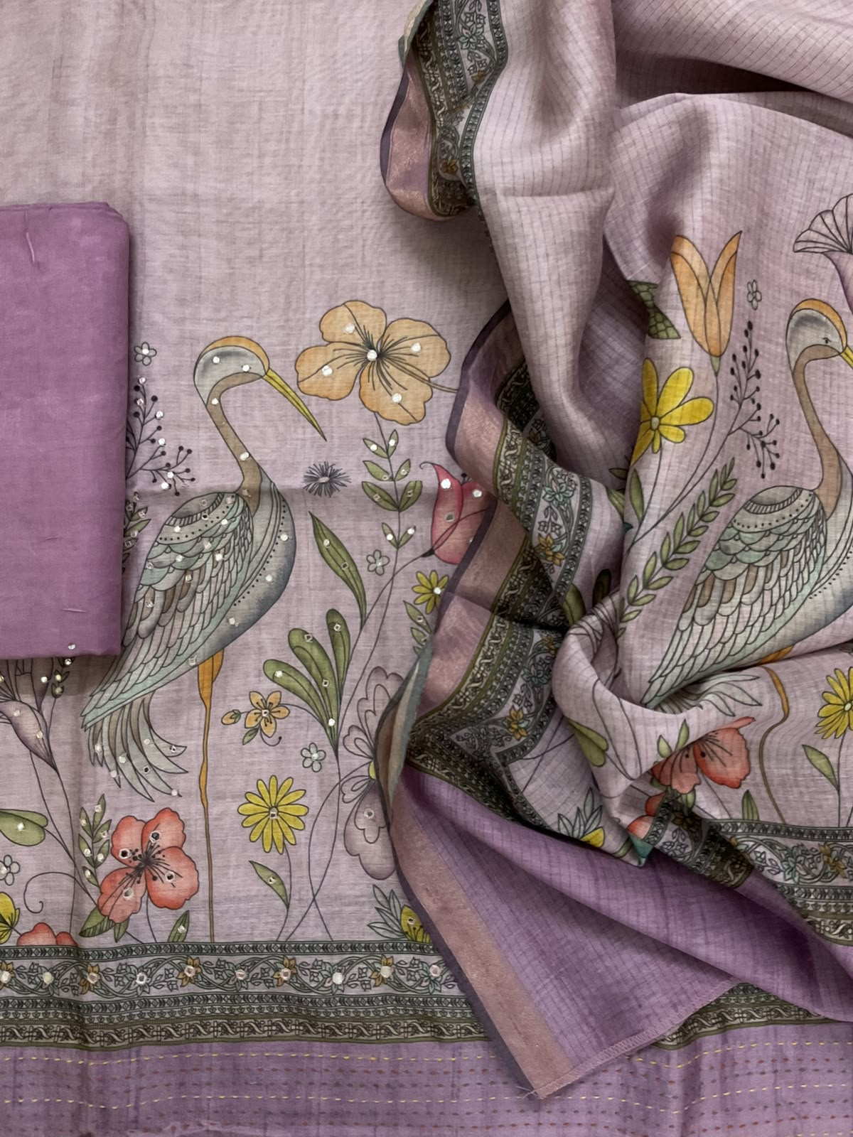 Soft Kora Chanderi Printed Embroidered Suit - Purple