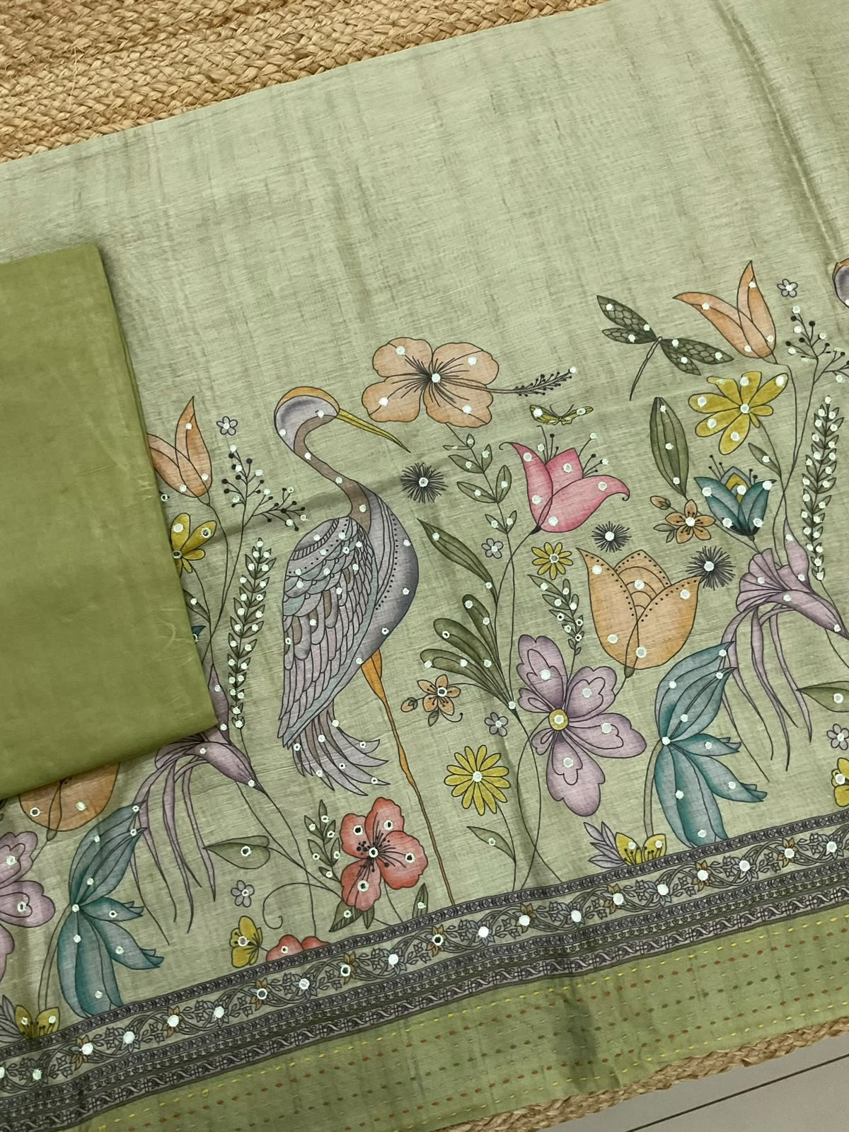 Soft Kora Chanderi Printed Embroidered Suit - Green