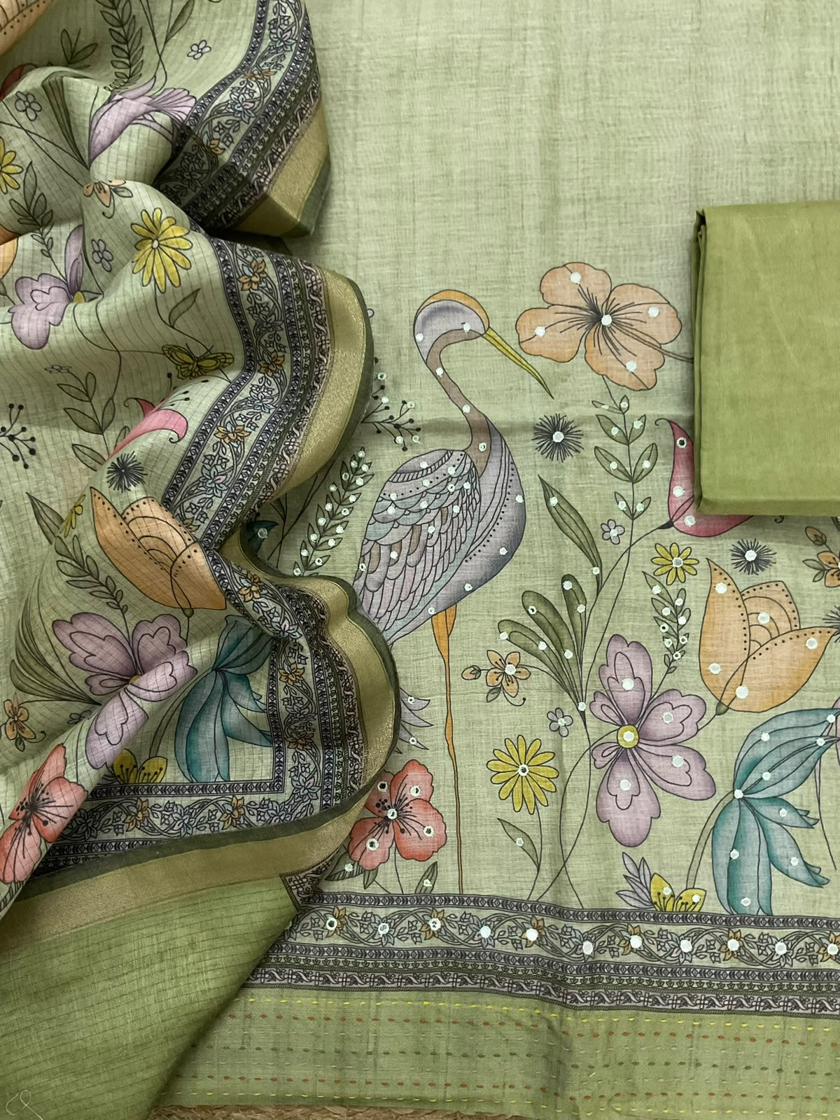 Soft Kora Chanderi Printed Embroidered Suit - Green