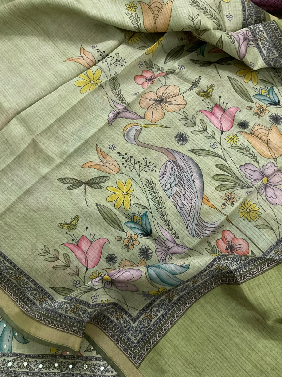 Soft Kora Chanderi Printed Embroidered Suit - Green