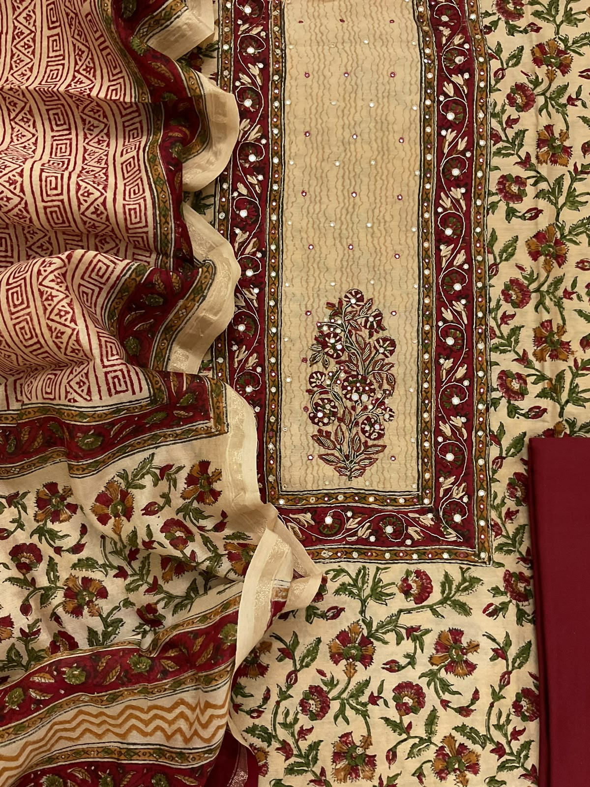 Pure Chanderi Block Printed Embroidered Suit - Beige