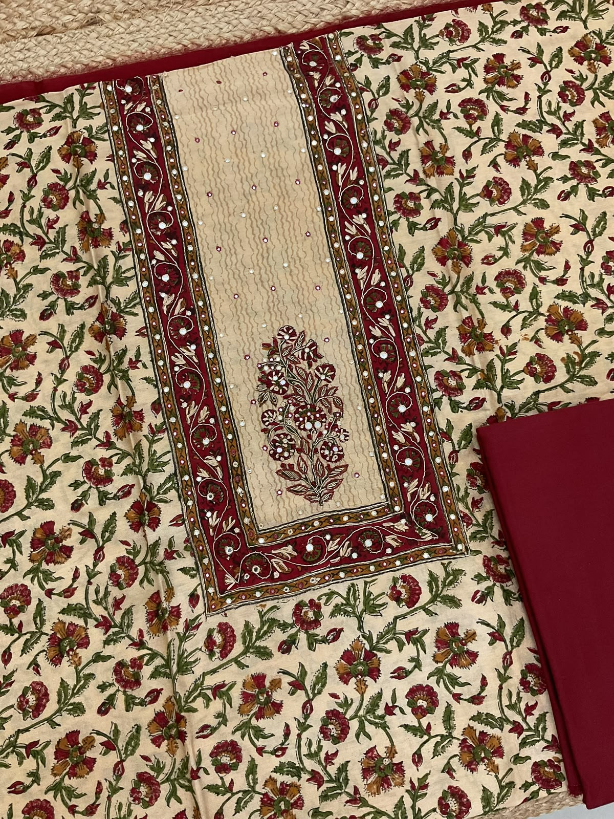 Pure Chanderi Block Printed Embroidered Suit - Beige