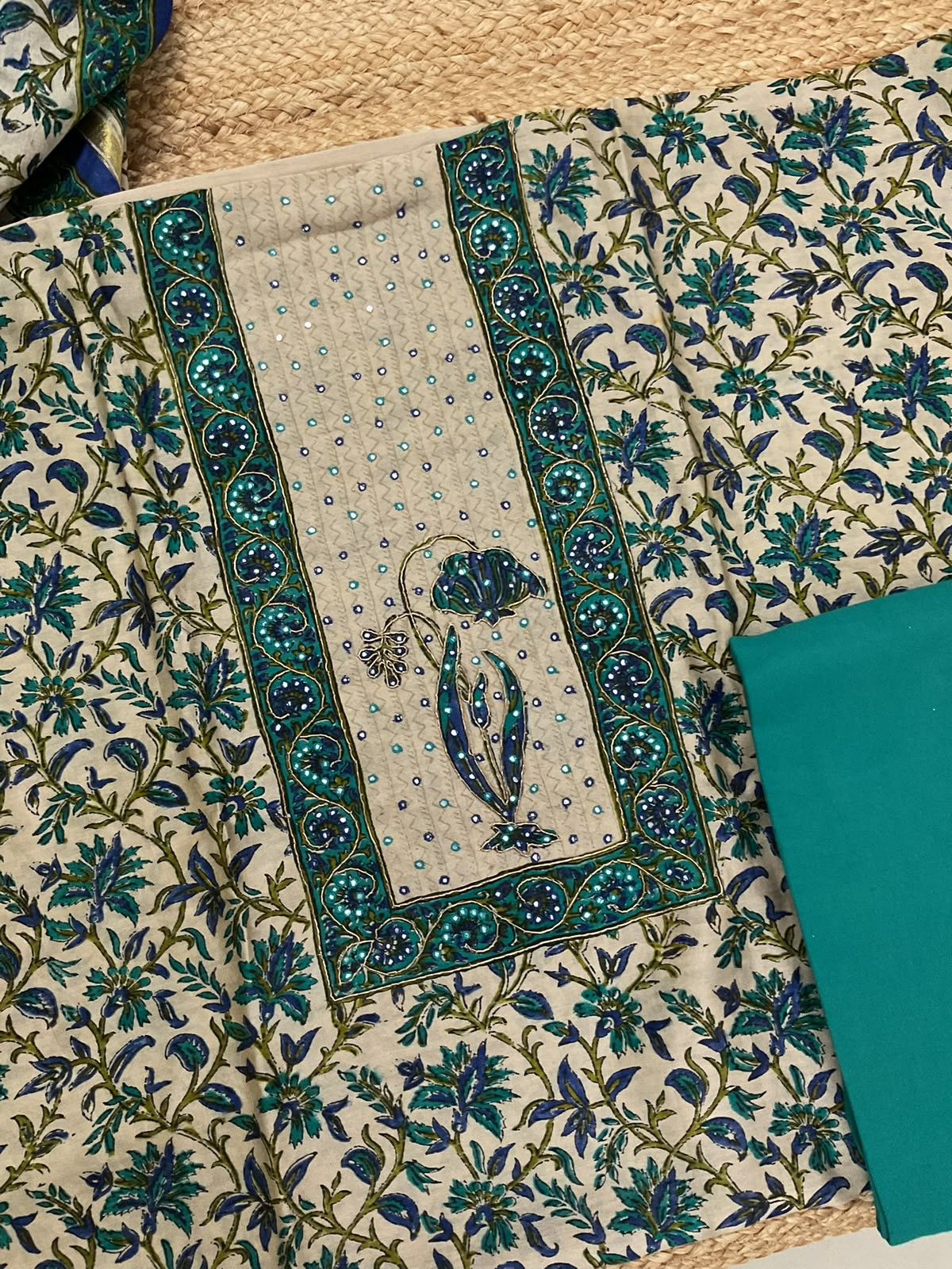 Pure Chanderi Block Printed Embroidered Suit - Beige