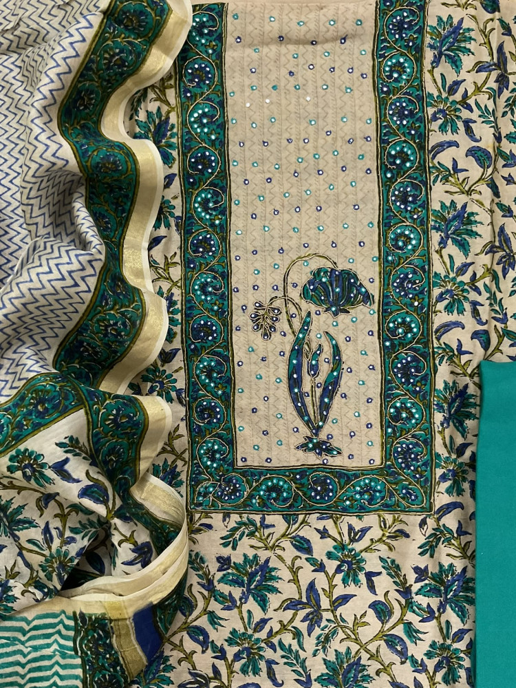 Image of Pure Chanderi Block Printed Embroidered Suit - Beige