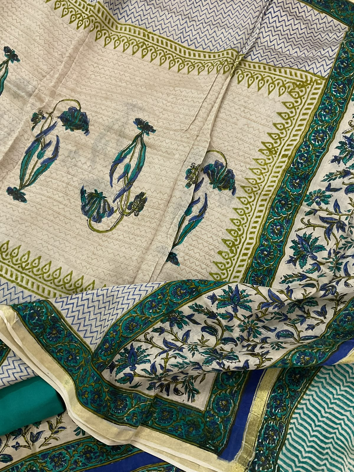 Pure Chanderi Block Printed Embroidered Suit - Beige