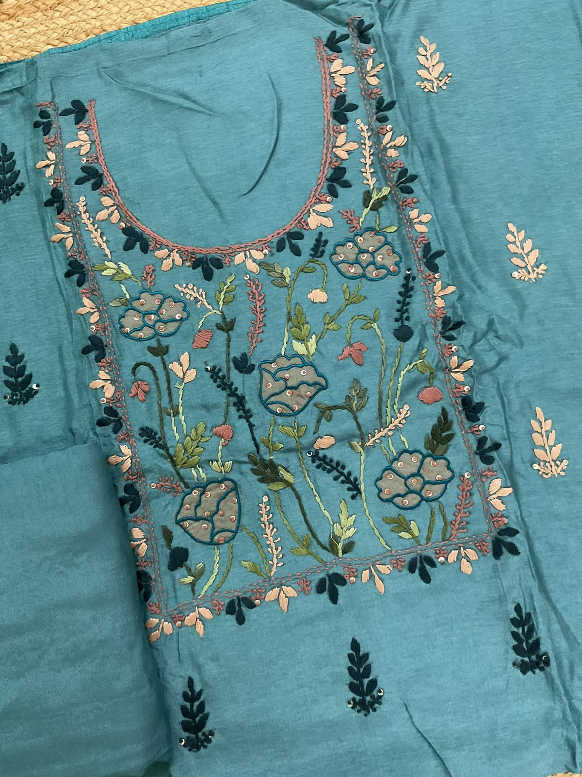 Soft Dola Silk Embroidered Suit - Blue