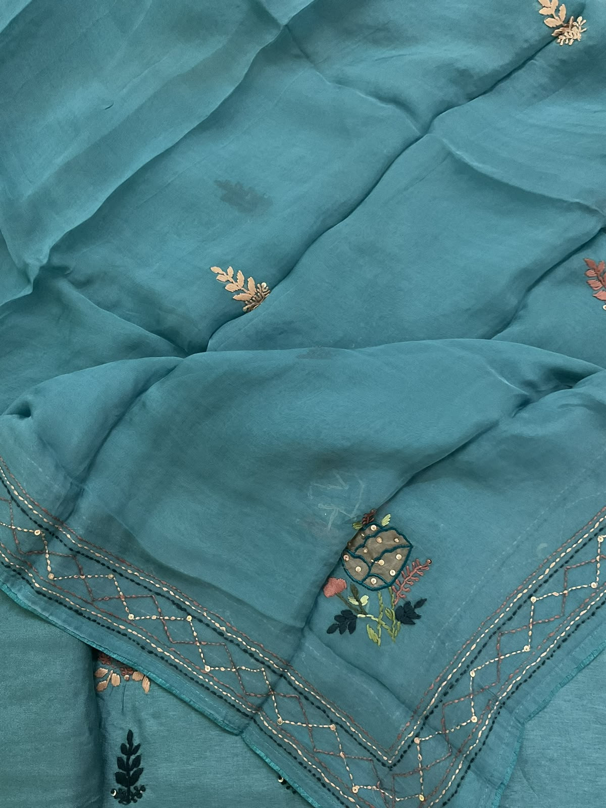 Soft Dola Silk Embroidered Suit - Blue