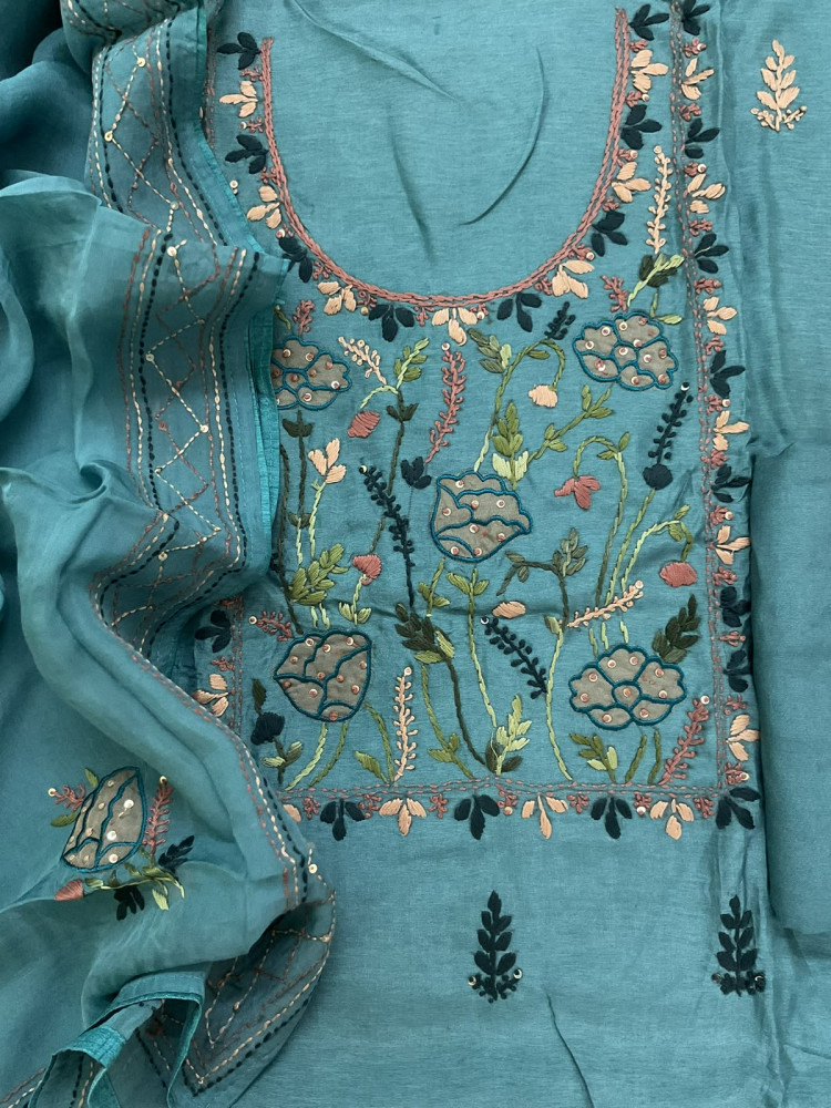 Image of Soft Dola Silk Embroidered Suit - Blue